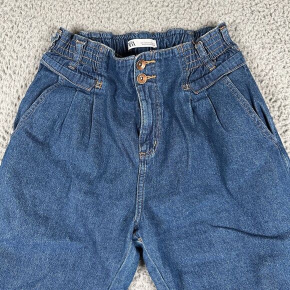 Zara Jeans Women's 6 Blue High Waisted Barrel Paperbag Medium Wash Cotton - Picture 2 of 12